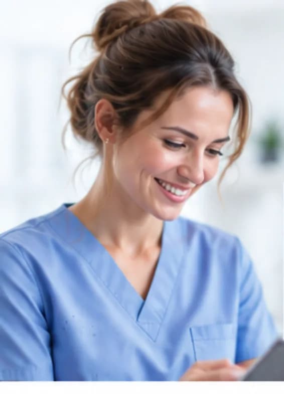 Infirmière souriante consultant une tablette